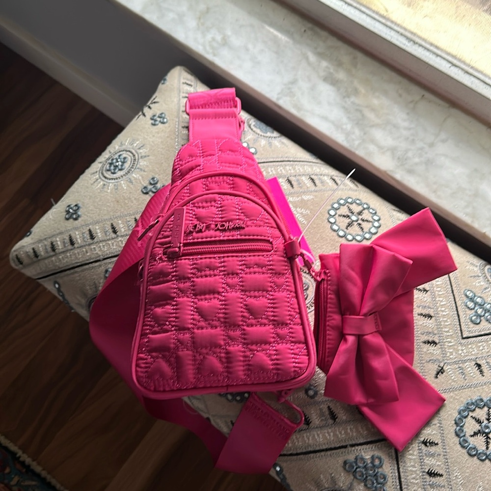 Betsey Johnson Xoali hot pink heart quilt sling bag